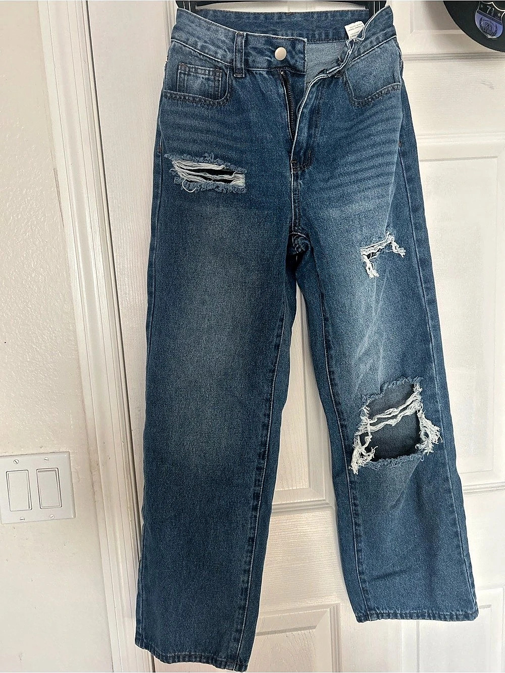 Distressed Straight Leg Jeans Blue Size XXS